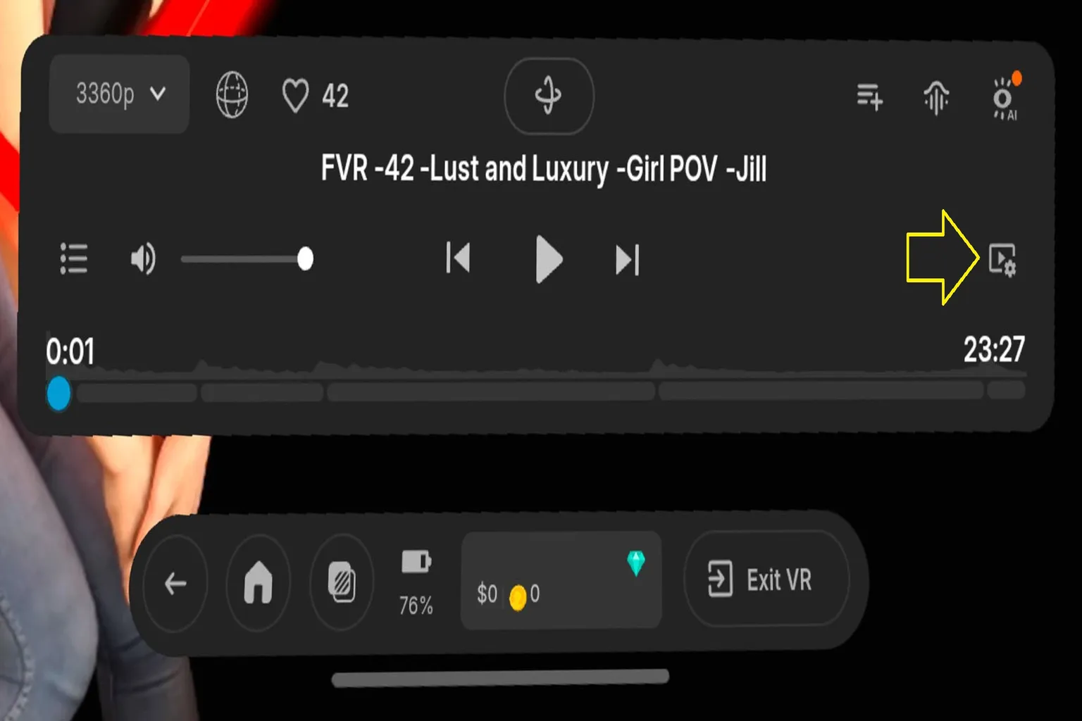 Pantalla de reproducción de DeoVR con el icono de ajustes del vídeo señalado