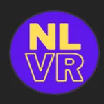 El logotipo redondo amarillo de Never Lonely VR (NLVR) sobre un fondo morado, un símbolo que representa los trabajos de personajes virtuales y el contenido en serie de la marca.