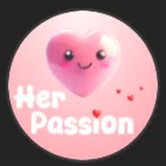 El logotipo de HerPassionVR. Un diseño que combina corazones rosas con texto, utilizado como icono representativo de una marca de contenido virtual centrada en el público femenino.