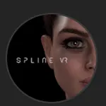 El logotipo de la marca SplineVR sobre un fondo oscuro. Una silueta femenina de perfil lateral acompañada de texto blanco con el logotipo, que sirve como icono característico del creador.