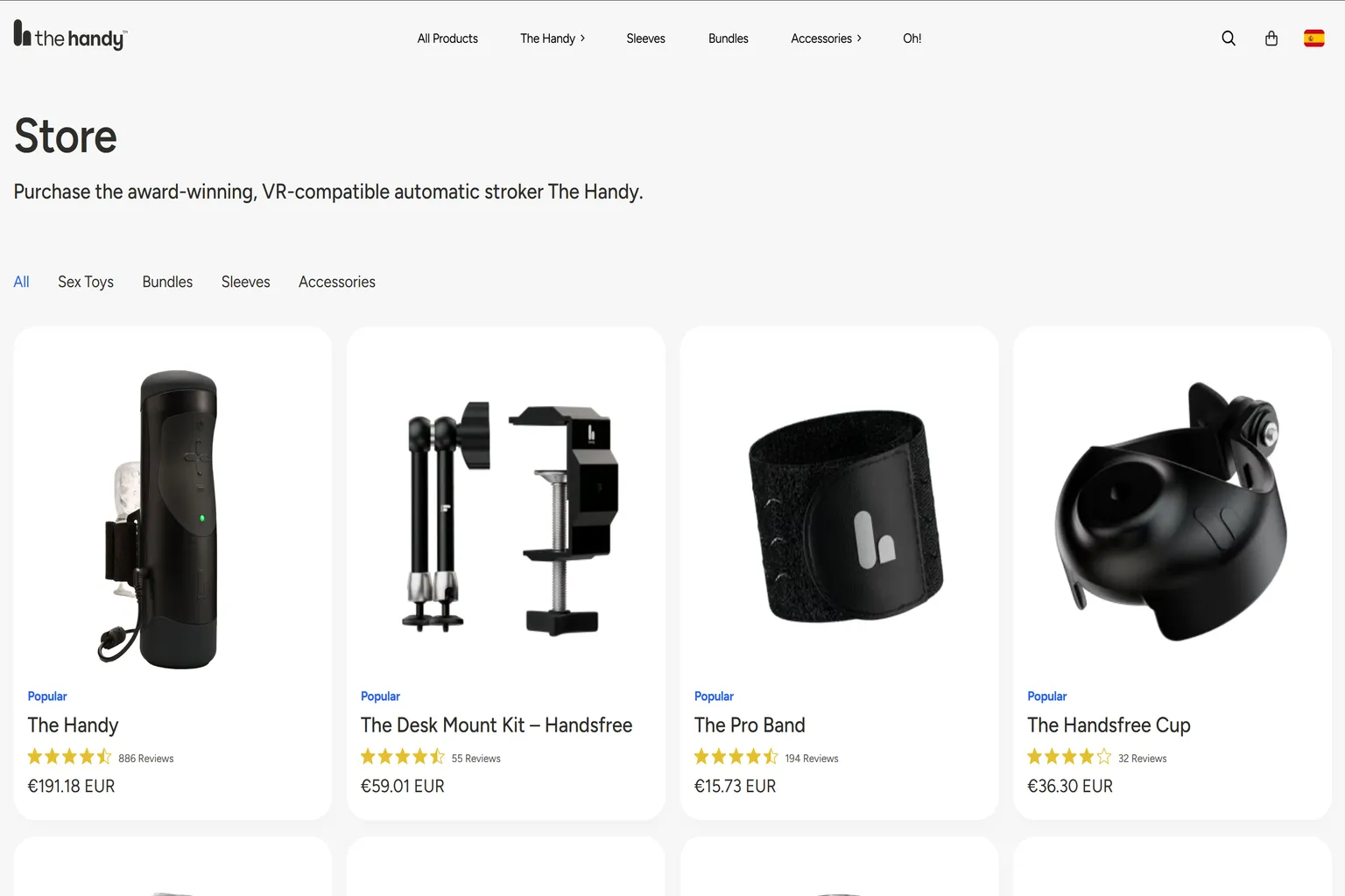 Lista de productos de la tienda oficial de The Handy con el dispositivo, fundas y accesorios
