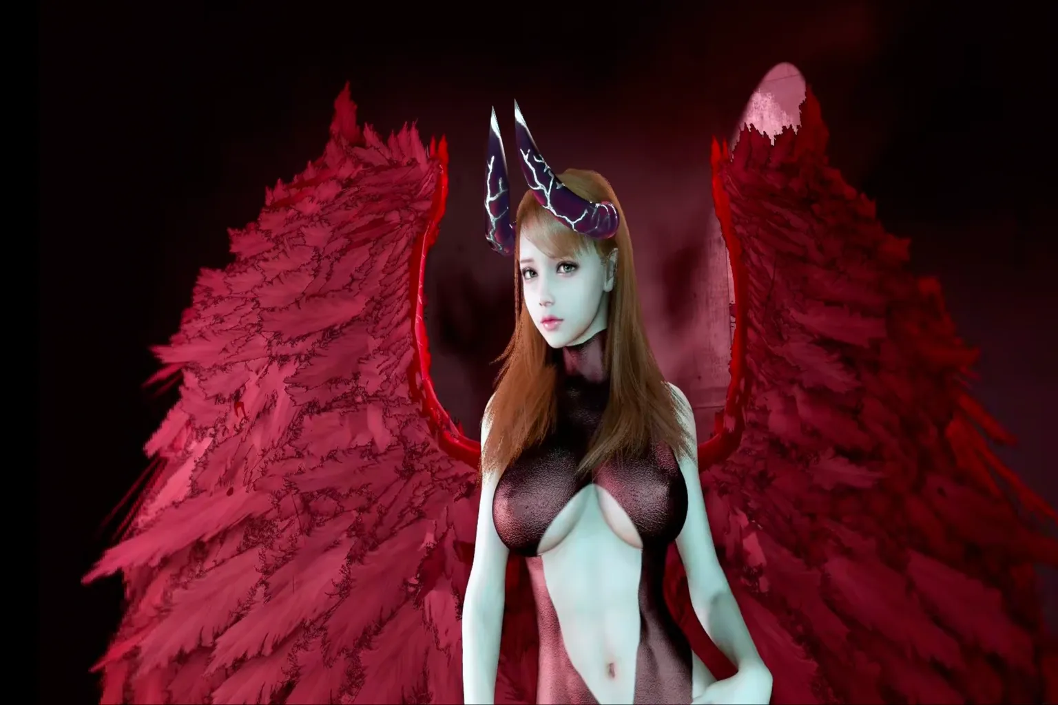 Personaje femenino demoníaco de VaM con grandes alas rojas y cuernos, mostrado de cuerpo entero sobre un fondo oscuro.