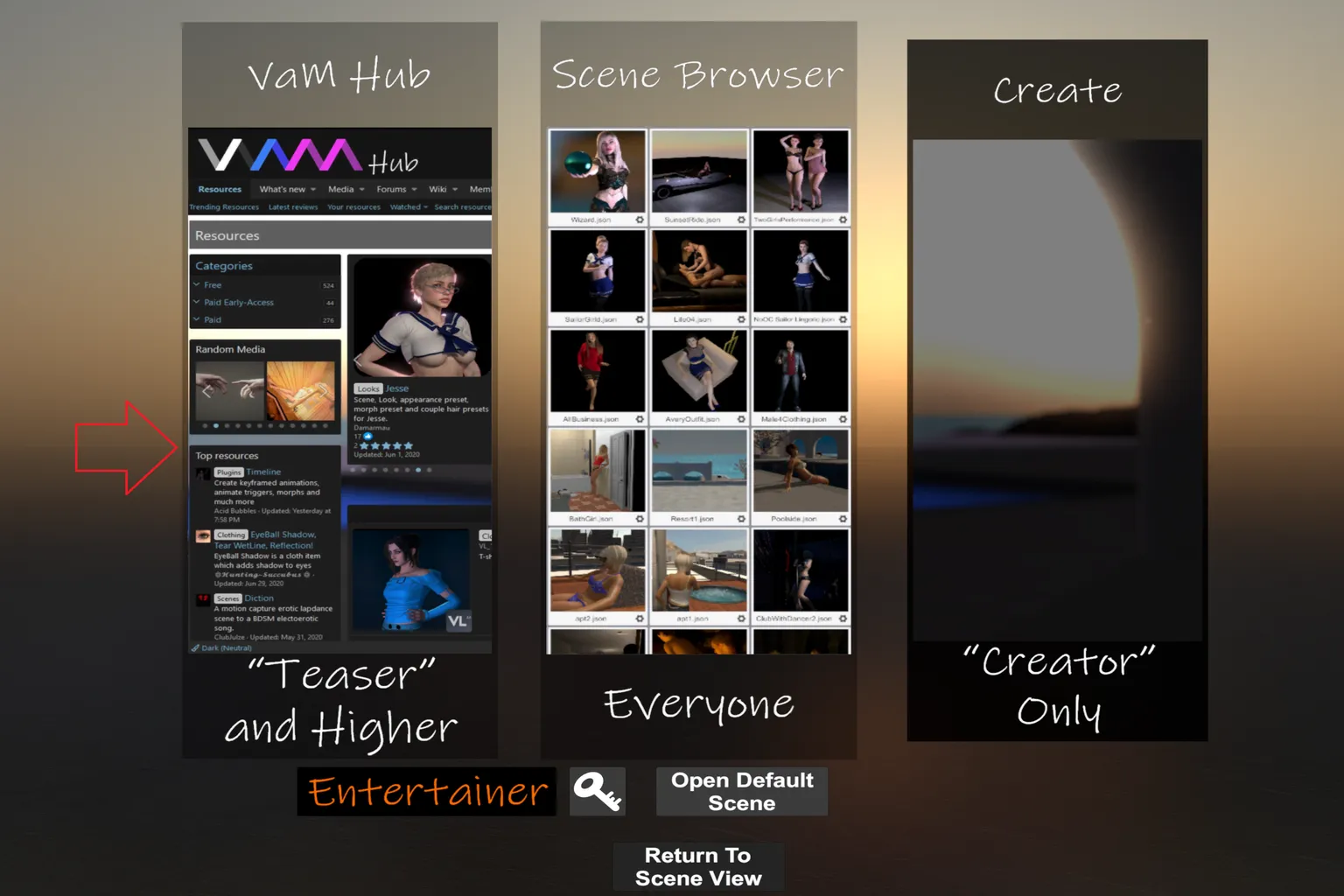 Pantalla principal de VaM con acceso a VaM Hub, Scene Browser y Create.