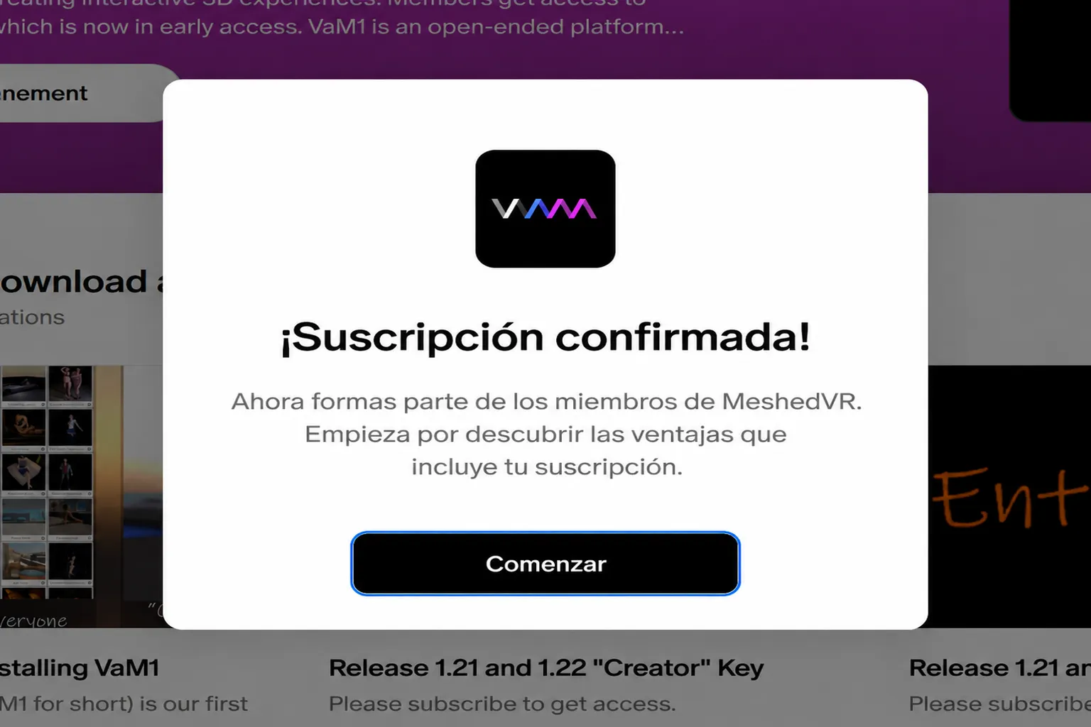 Mensaje de suscripción confirmada a MeshedVR en Patreon, con el botón Comenzar para acceder al contenido.