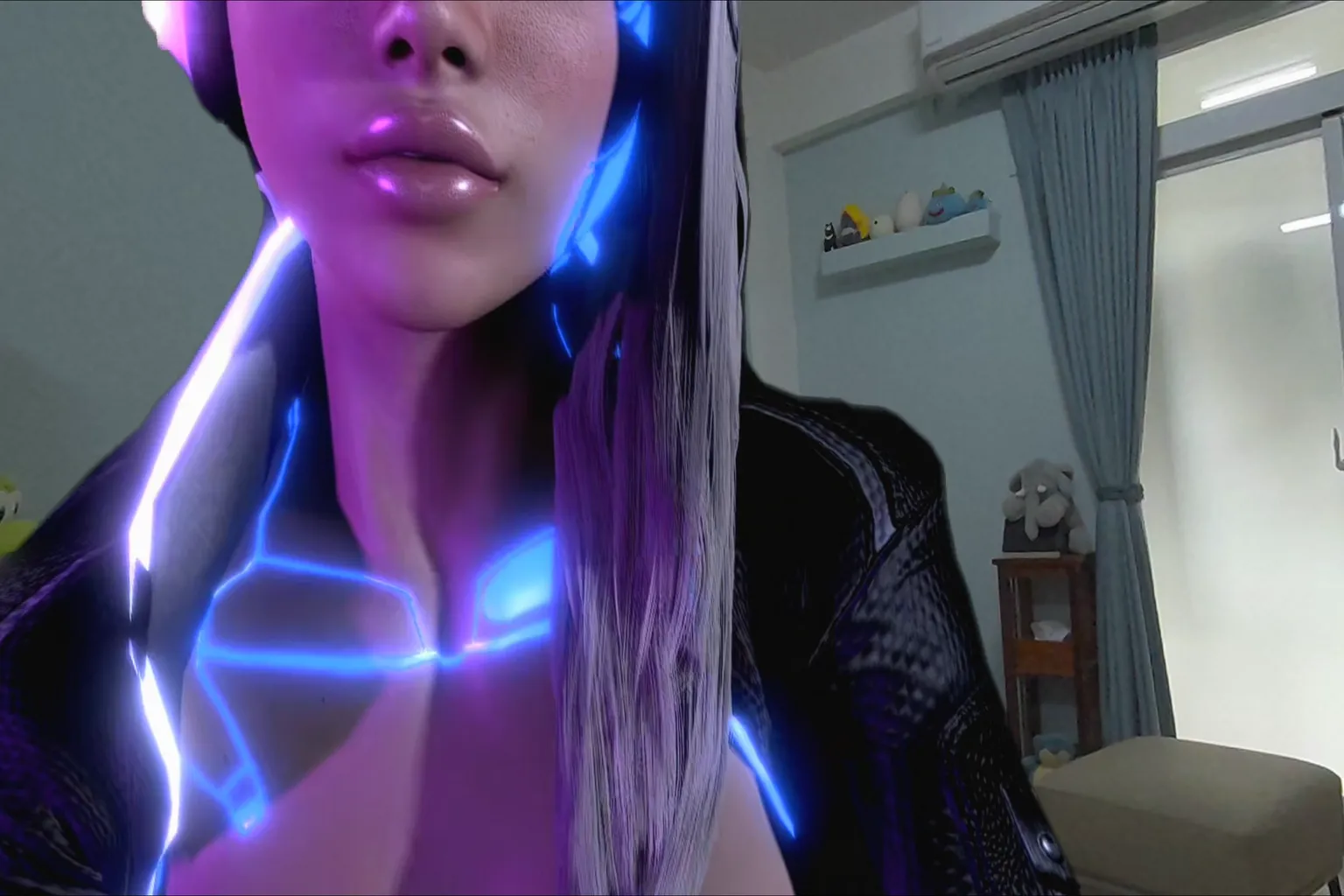 Una pantalla de demostración para ajustar la distancia y el tamaño de un personaje virtual. La interfaz muestra ajustes precisos para ayudar a que el personaje se integre de forma natural en el entorno real.