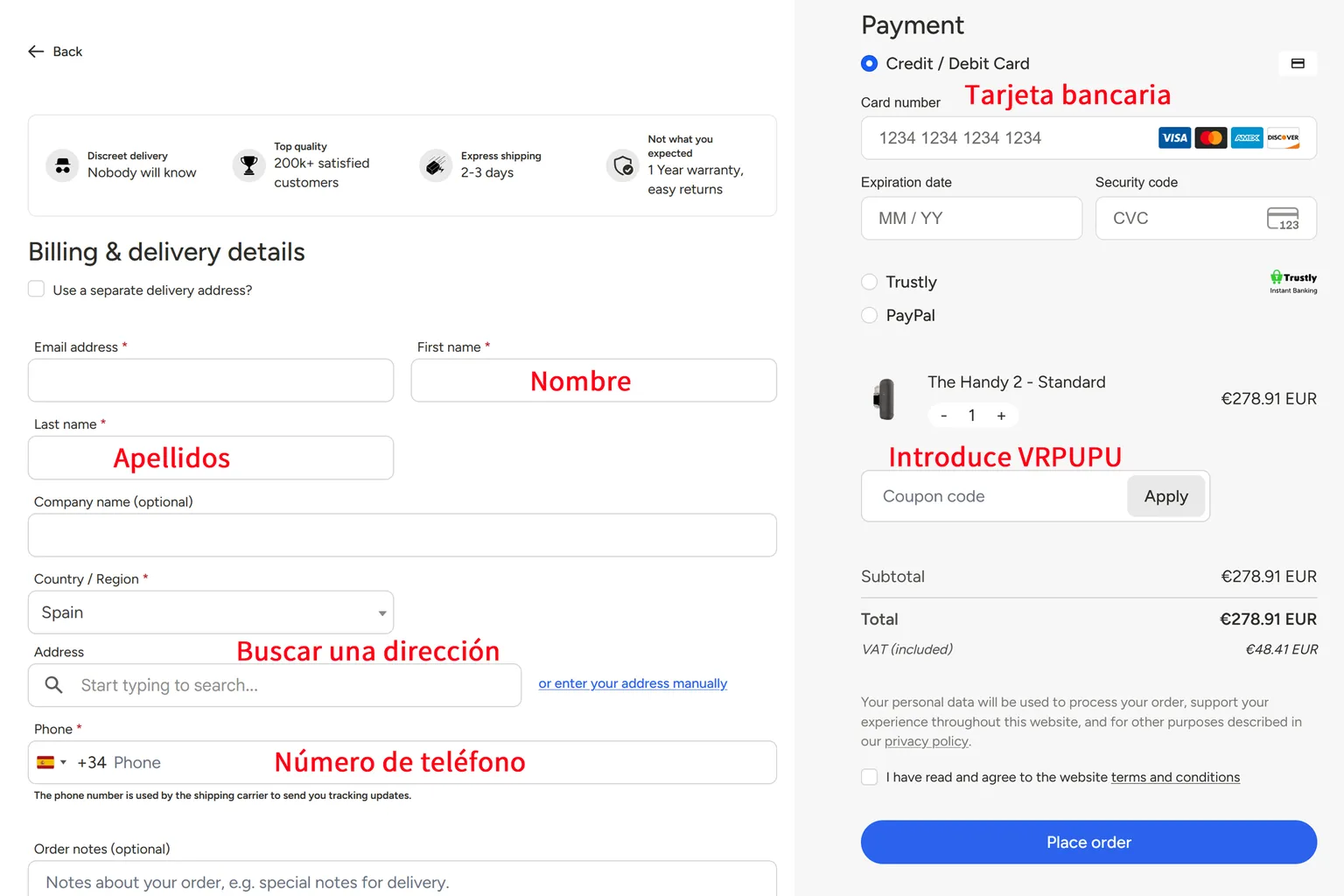 Página de pago de The Handy 2 con campos de facturación y envío, opciones de tarjeta bancaria, Trustly y PayPal, y el código VRPUPU indicado en el campo de cupón