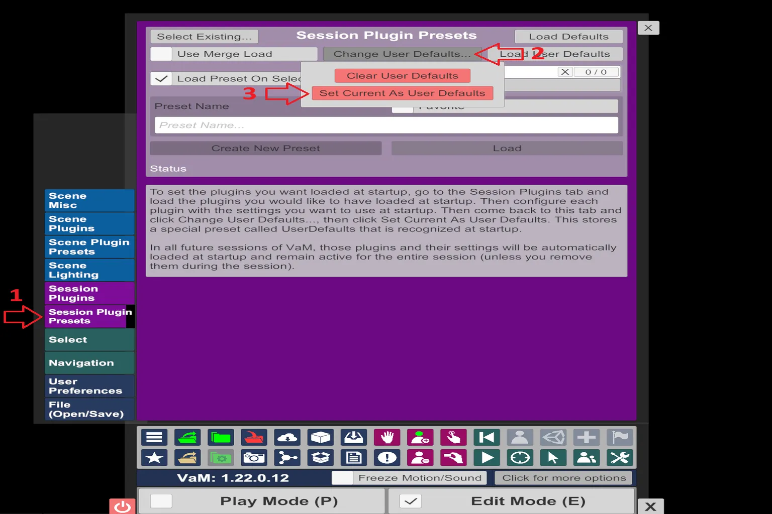 Panel Session Plugin Presets de VaM con Set Current As User Defaults señalado.