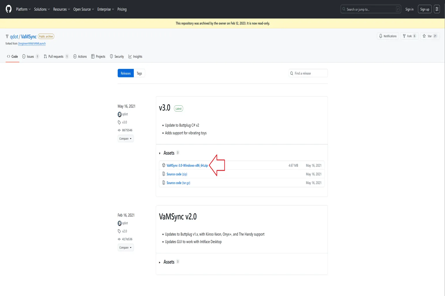Página de GitHub de VaMSync con el archivo VaMSync 3.0 para Windows listo para descargar.