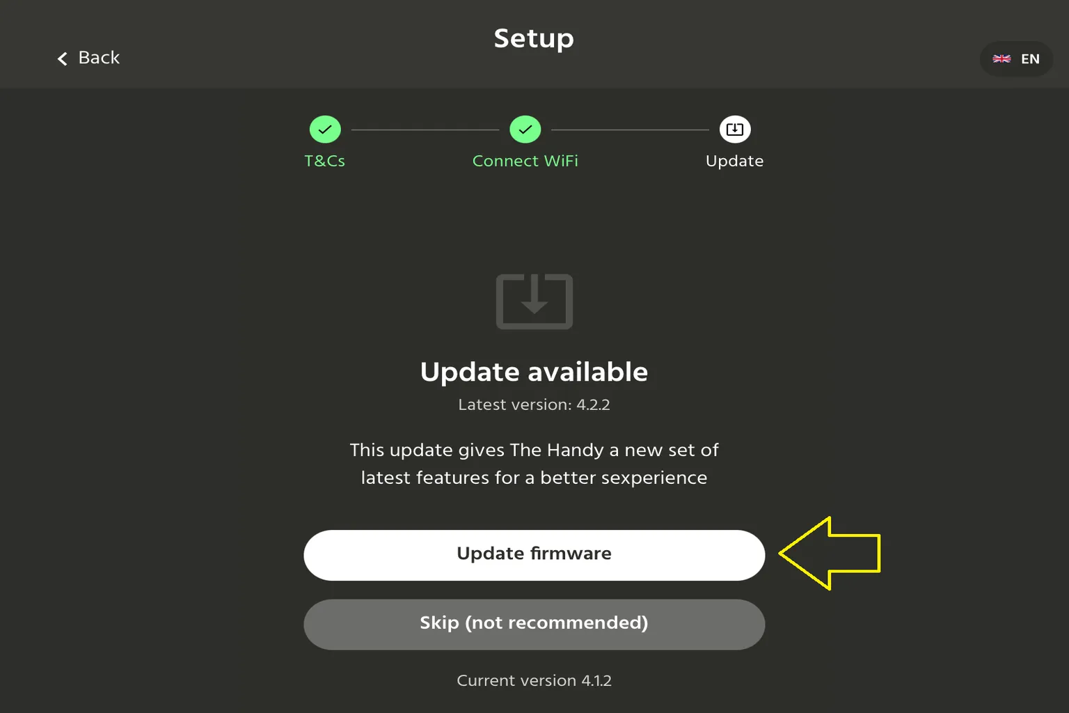 HandyOnboarding muestra una actualización de firmware disponible para The Handy 2 Pro