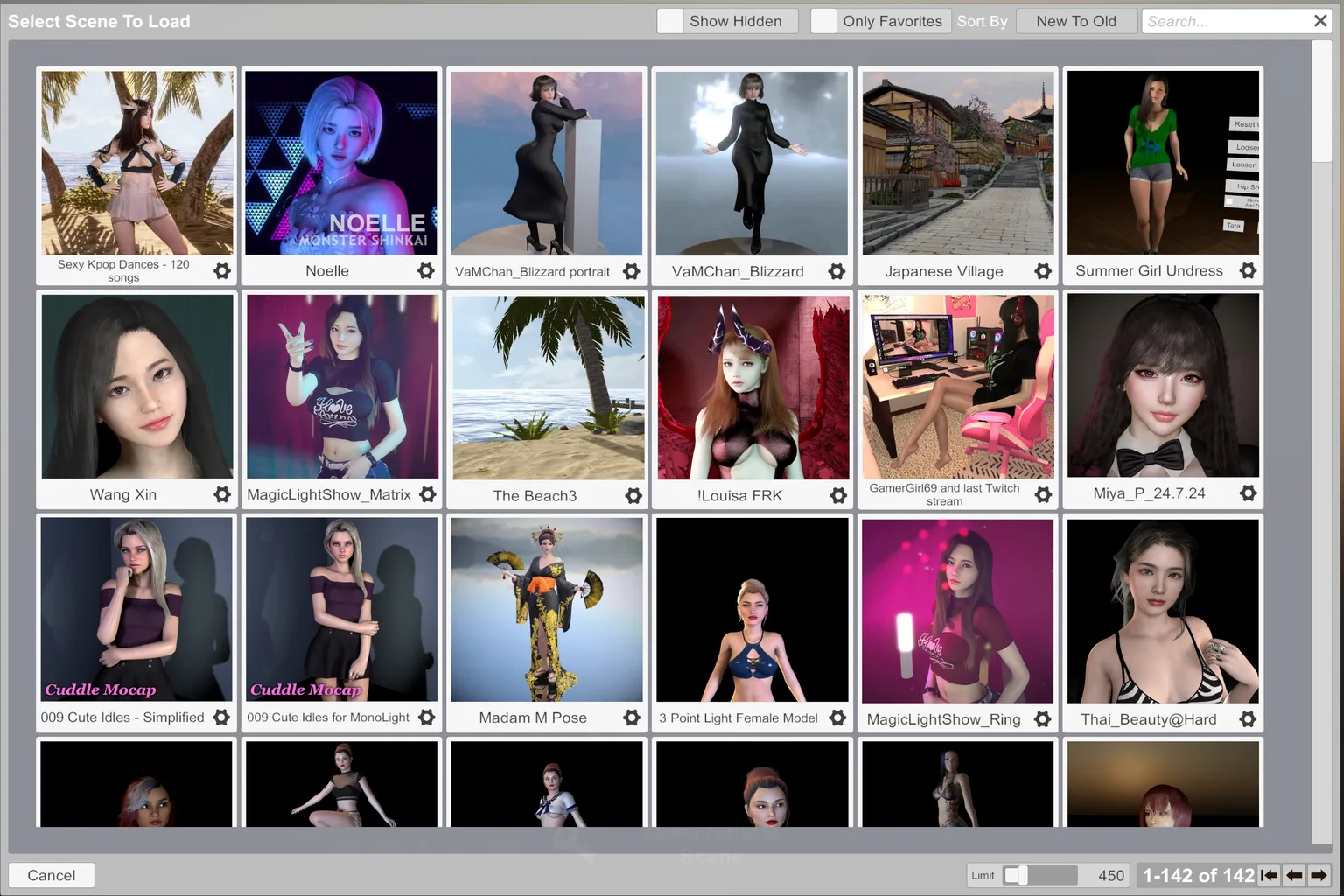 Navegador Select Scene To Load de Virt-A-Mate, con una cuadrícula de escenas disponibles, opciones de búsqueda, favoritos y ordenación.