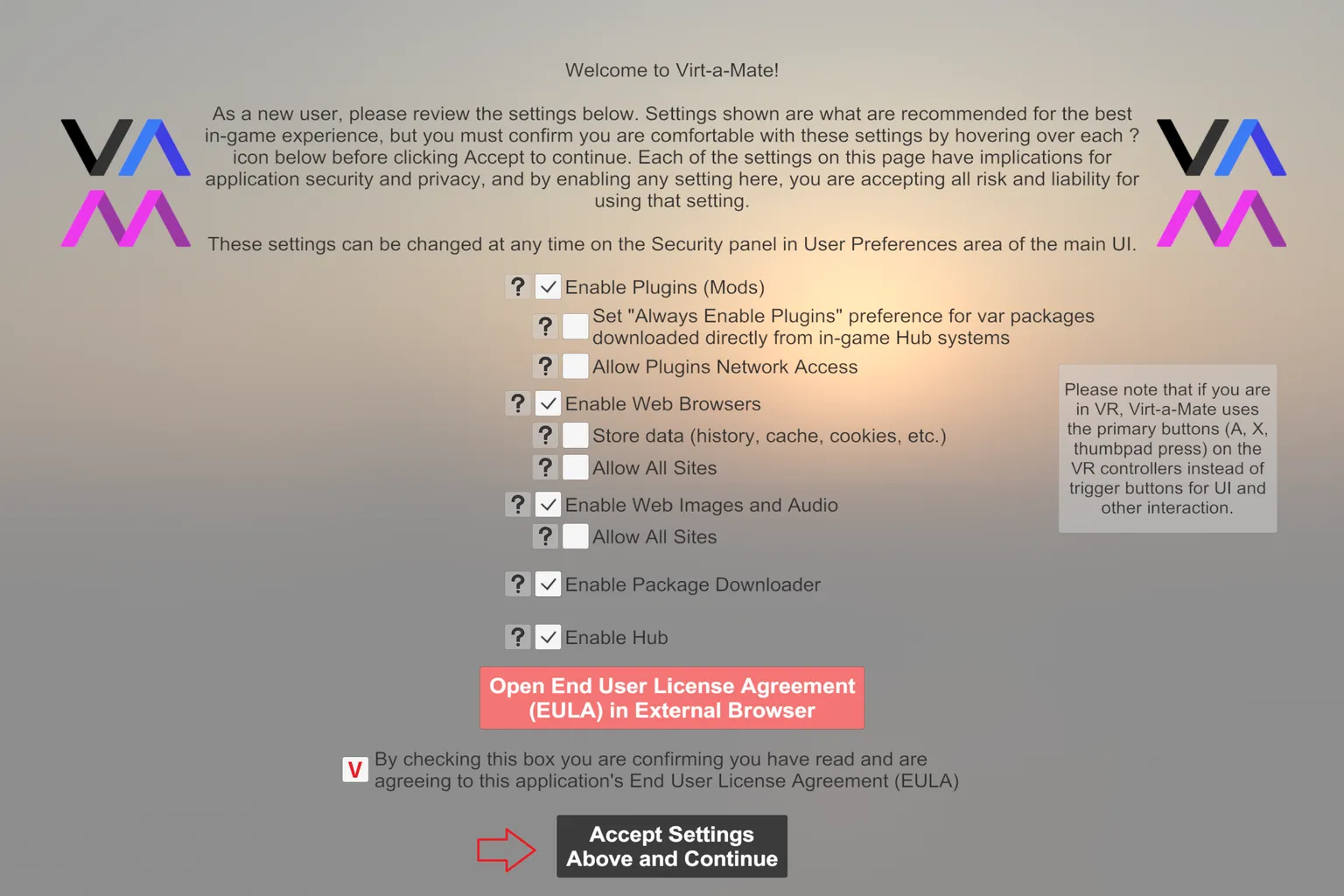 Pantalla de configuración inicial de Virt-A-Mate, con las opciones de seguridad, la aceptación del EULA y el botón Accept Settings Above and Continue.
