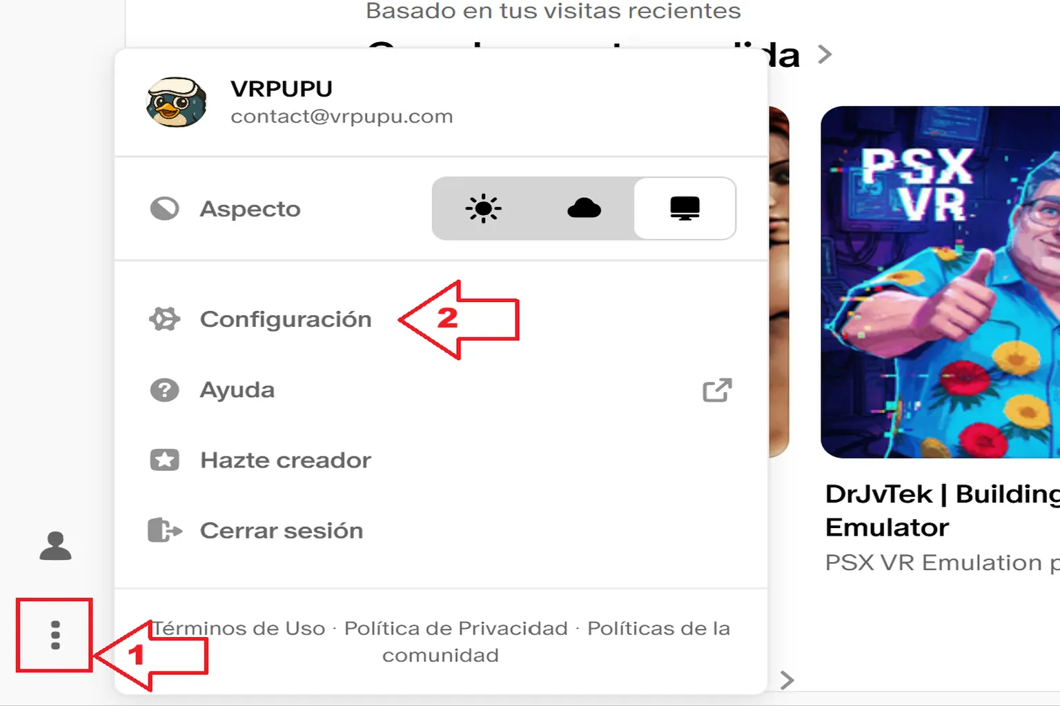 Menú de usuario de Patreon con las opciones Configuración y Suscripciones, mostrando dónde acceder a los ajustes de la cuenta.