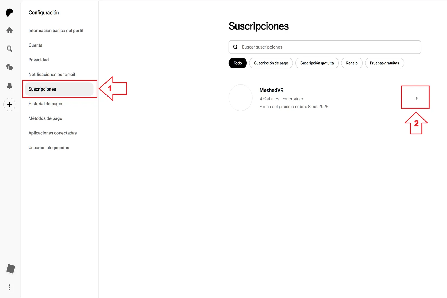 Página de Suscripciones de Patreon con la suscripción activa a MeshedVR y el botón de acceso a sus detalles señalado.