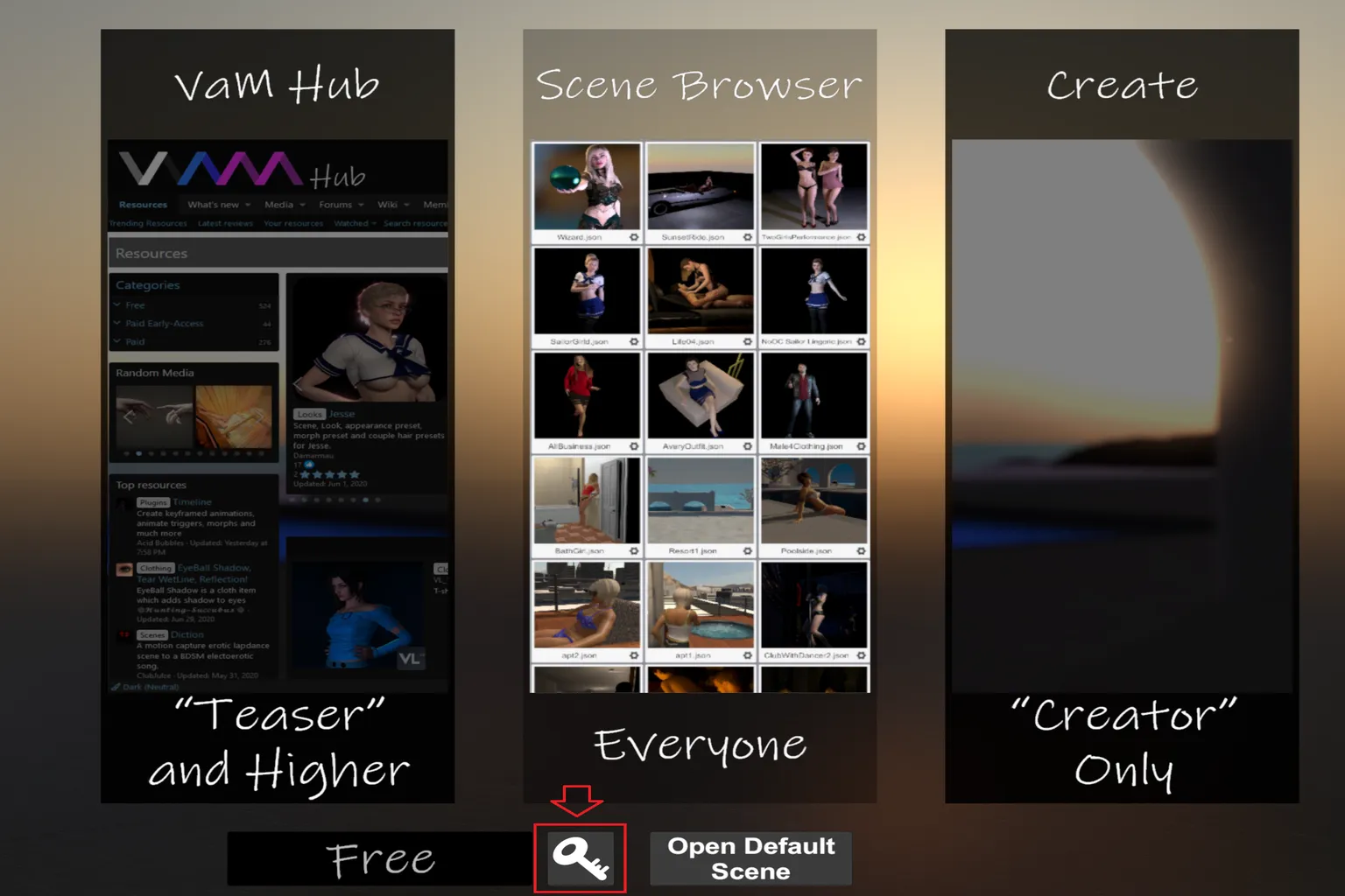 Pantalla de inicio de Virt-A-Mate con las opciones VaM Hub, Scene Browser y Create, y el icono de llave señalado para introducir una clave de activación.