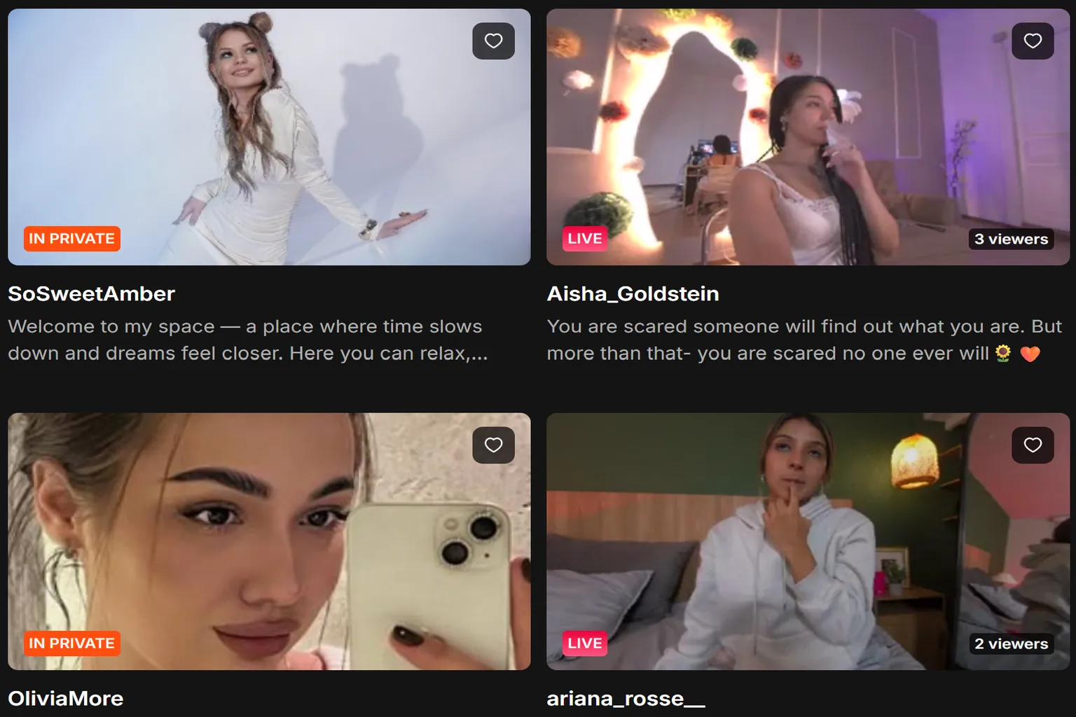 Lista de salas en directo de SLR VR Cam Girls con modelos y número de espectadores