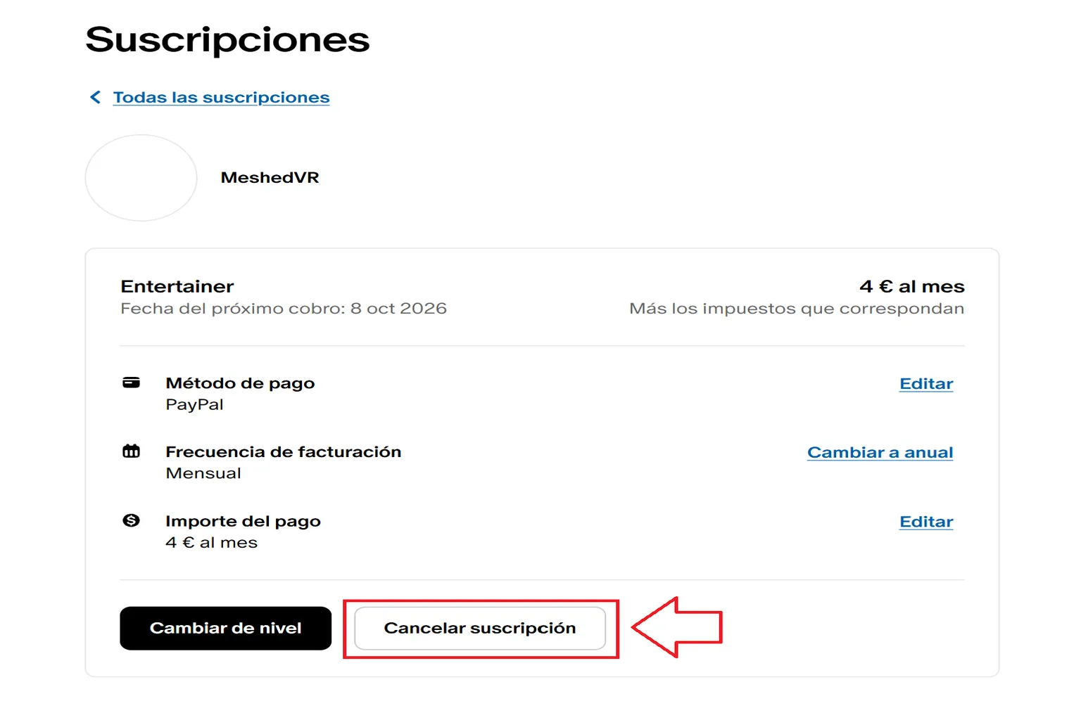 Página de detalles de la suscripción a MeshedVR en Patreon, con el plan Entertainer, el método de pago y el botón Cancelar suscripción.