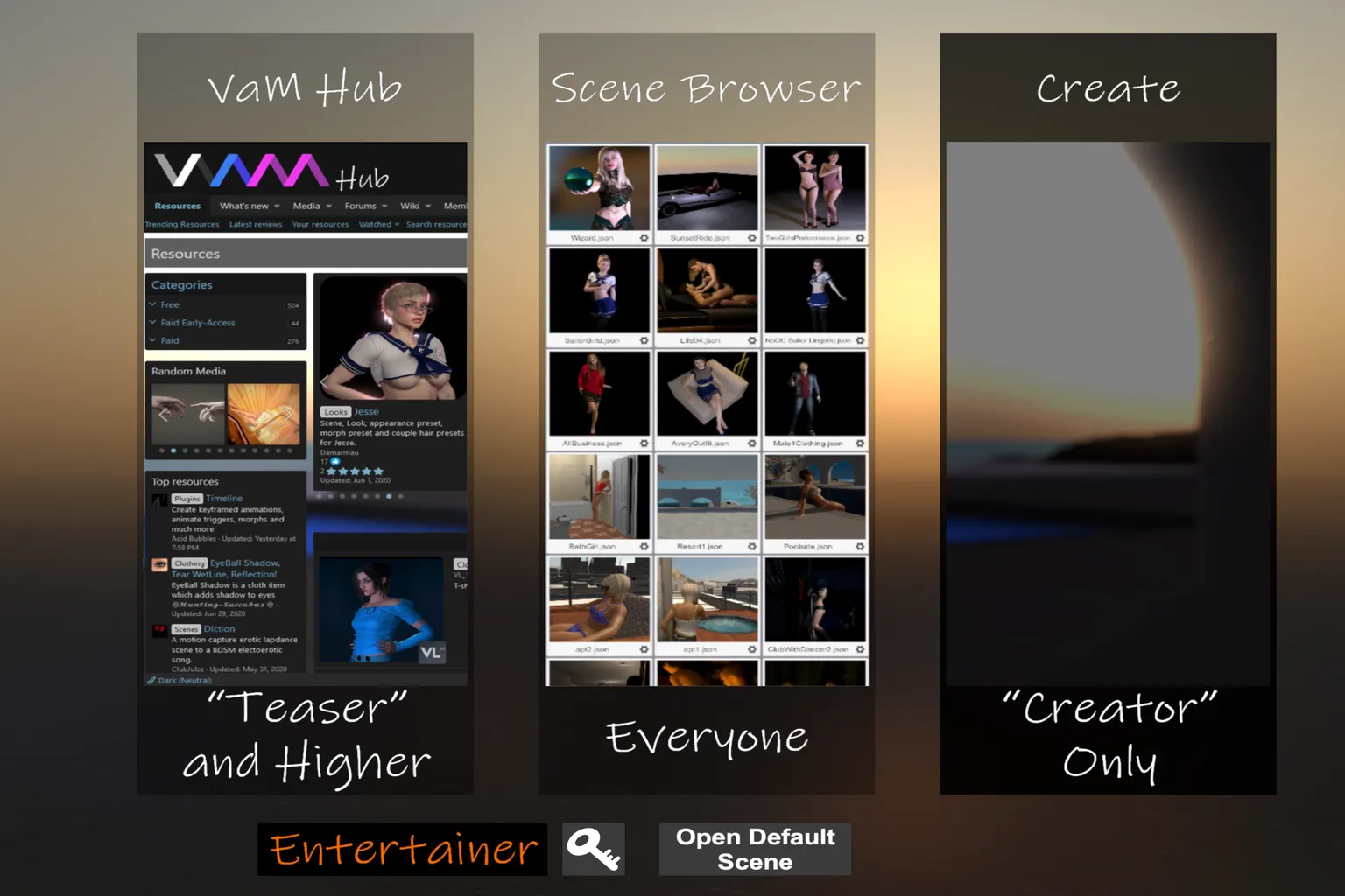 Pantalla de inicio de Virt-A-Mate después de activar el plan Entertainer, con las opciones VaM Hub, Scene Browser y Create.