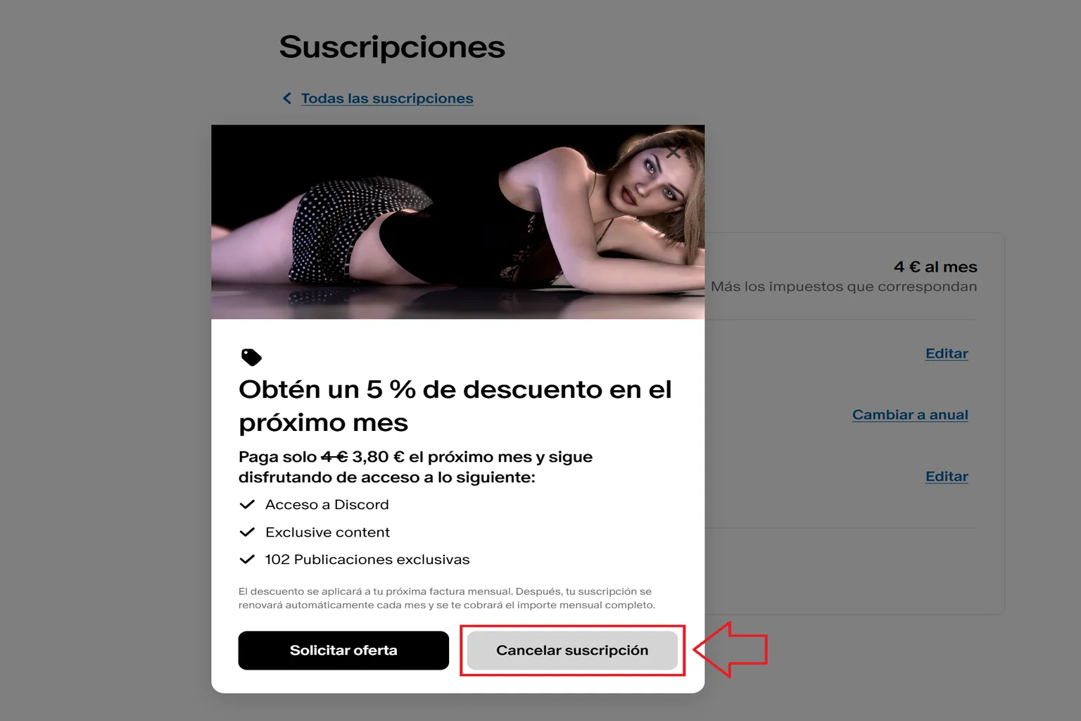 Ventana de Patreon que ofrece un 5 % de descuento para conservar la suscripción a MeshedVR, con el botón Cancelar suscripción señalado.