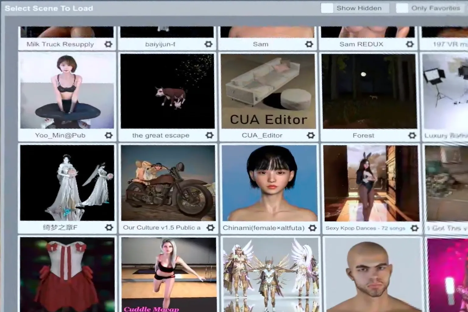 Navegador de escenas de Virt-A-Mate visto desde un visor VR, con una cuadrícula de personajes, entornos y escenas disponibles.