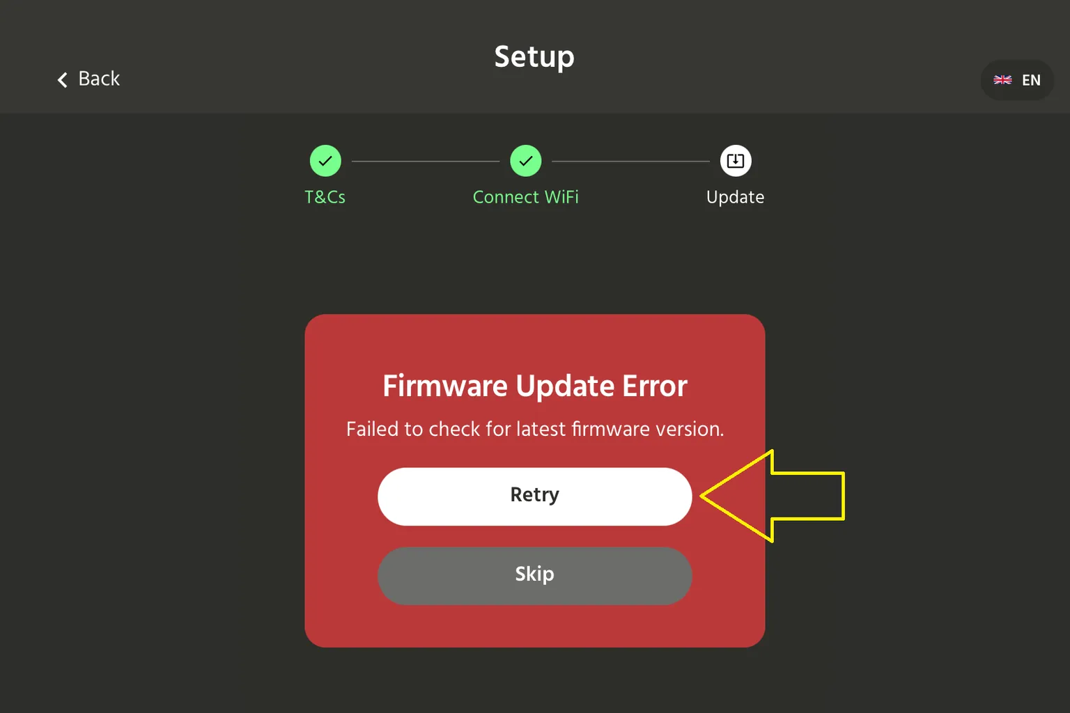 Error de actualización del firmware en HandyOnboarding con la opción Retry