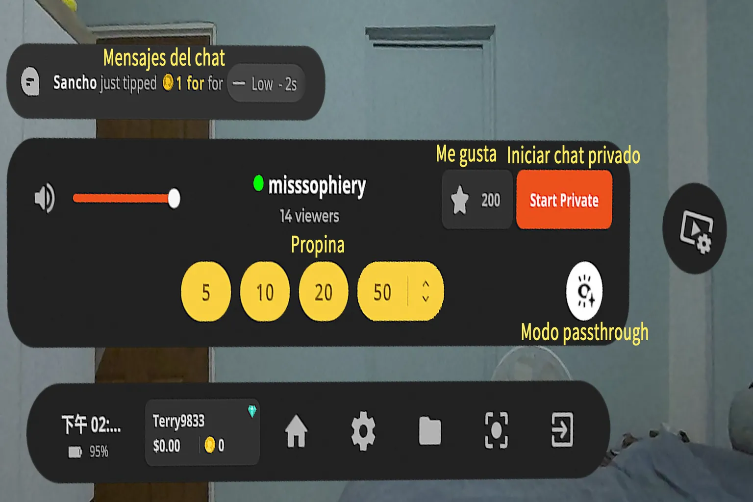 Controles de una sala de SLR VR Cam Girls con chat, propinas, modo privado y passthrough