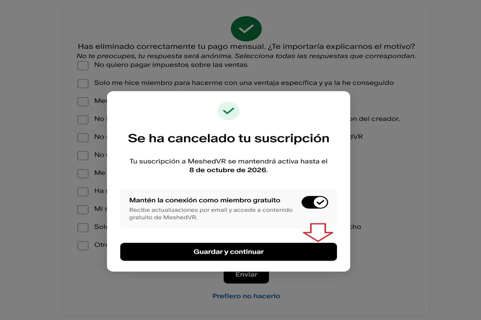 Confirmación de cancelación de la suscripción a MeshedVR en Patreon, con la fecha hasta la que permanecerá activa y el botón Guardar y continuar.