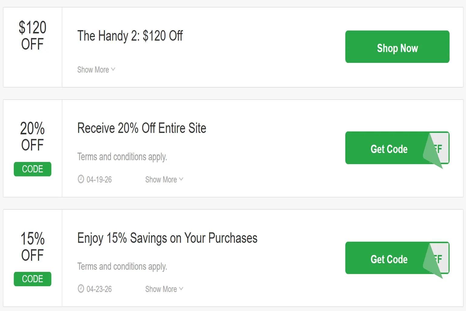 Página falsa de cupones de The Handy que muestra descuentos y códigos no verificados