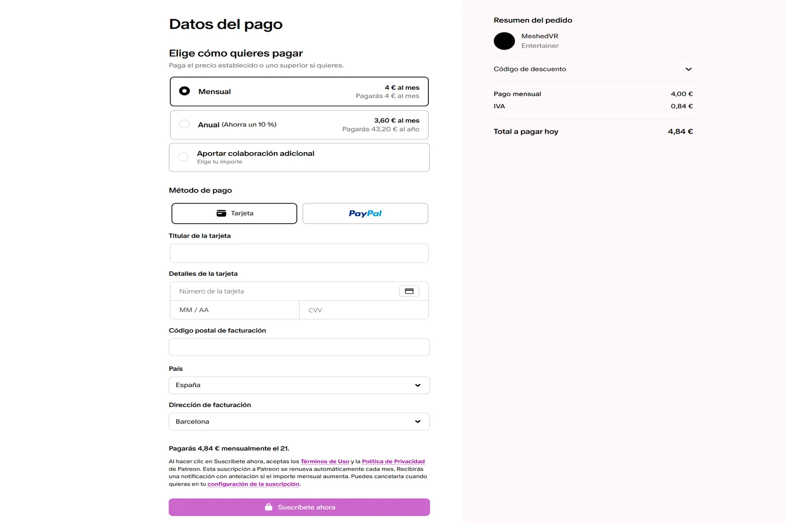 Página de pago de Patreon para el plan Entertainer de MeshedVR, con opciones de pago mensual o anual, tarjeta y PayPal.