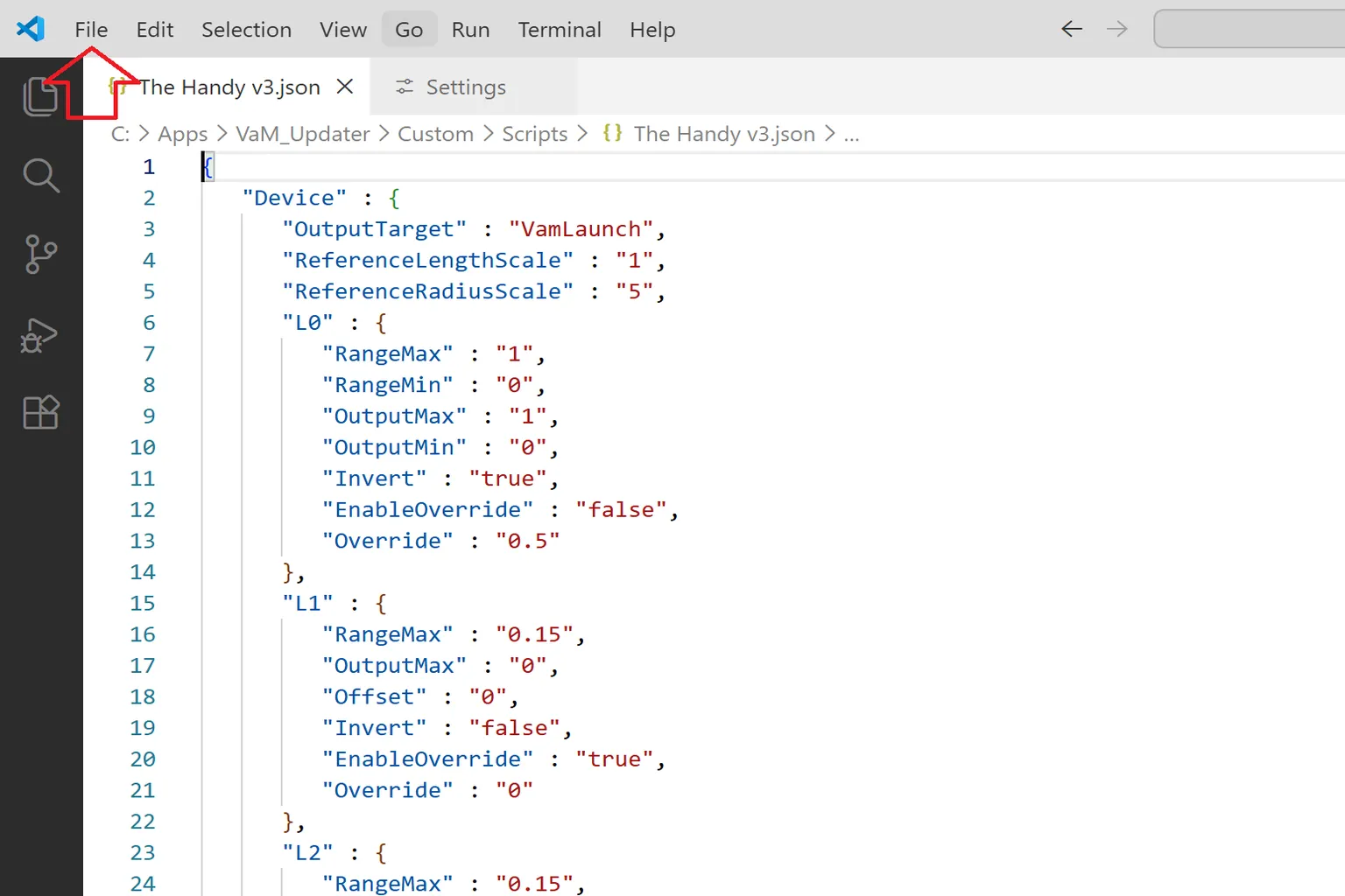 Archivo de configuración JSON de The Handy abierto en Visual Studio Code.