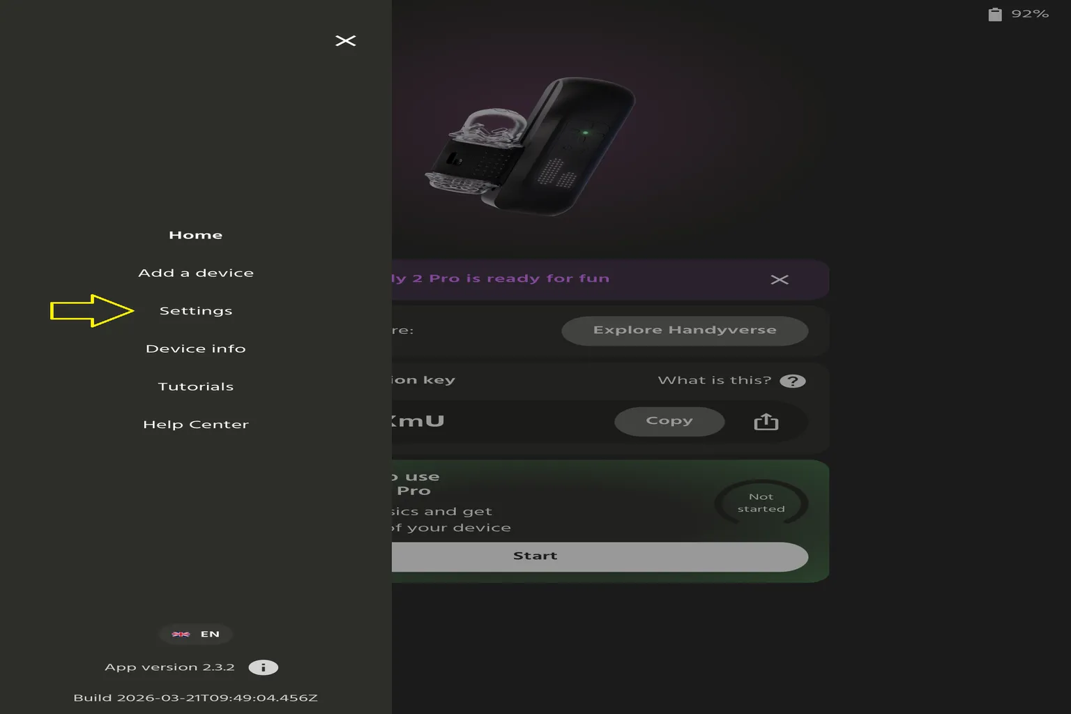 Menú principal de la aplicación The Handy con la opción Settings seleccionada