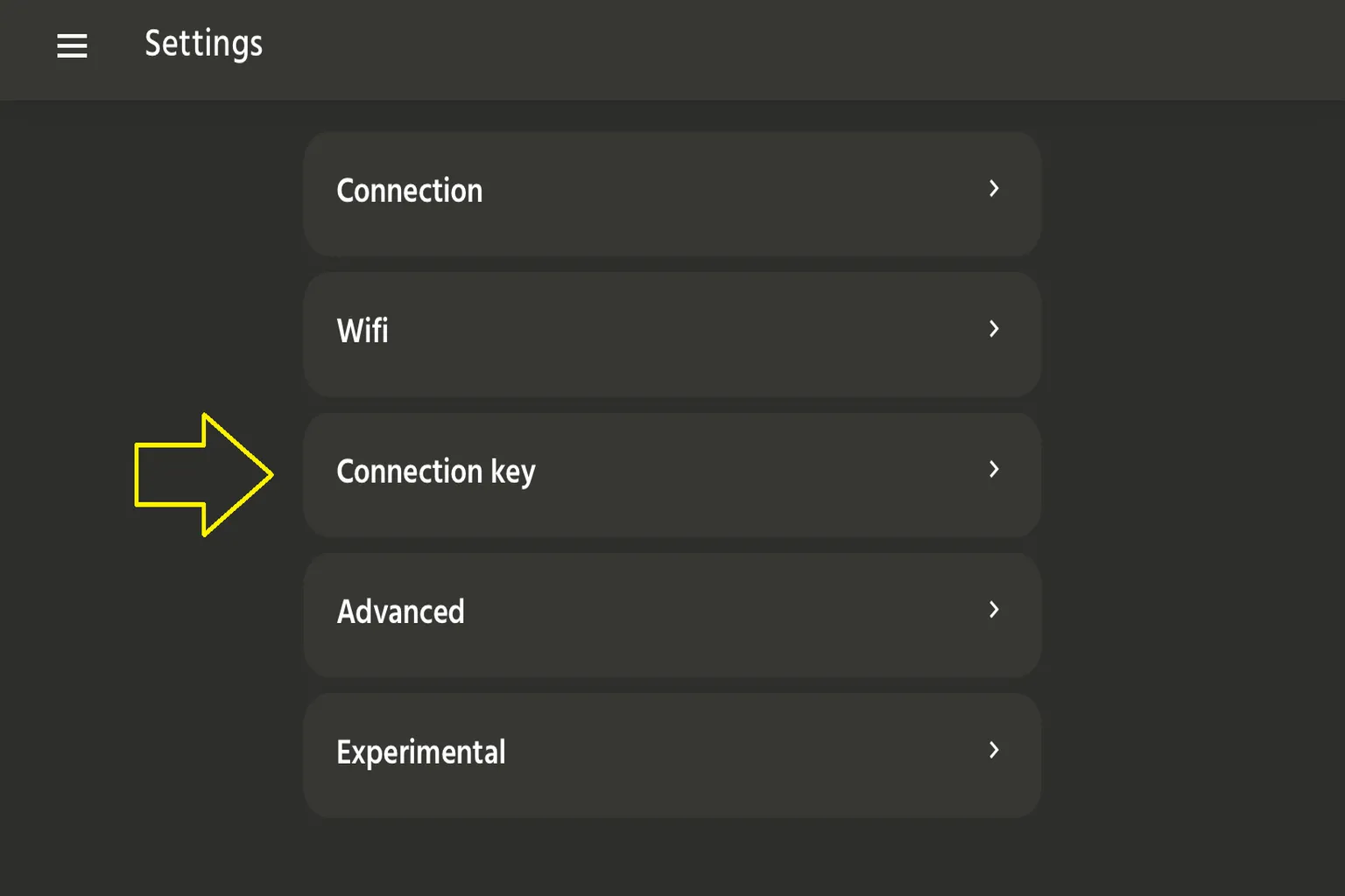 Ajustes de la aplicación The Handy con la opción Connection key señalada