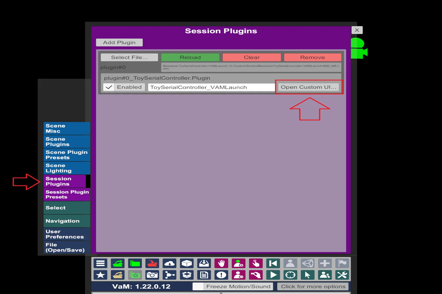 Plugin ToySerialController_VAMLaunch cargado en Session Plugins de VaM con Open Custom UI señalado.