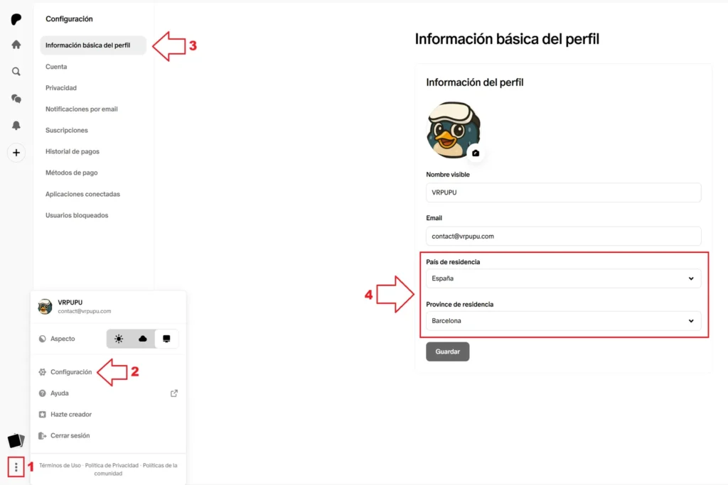 Pantalla de Información básica del perfil de Patreon, con las opciones para cambiar el país y la provincia de residencia marcadas en rojo.