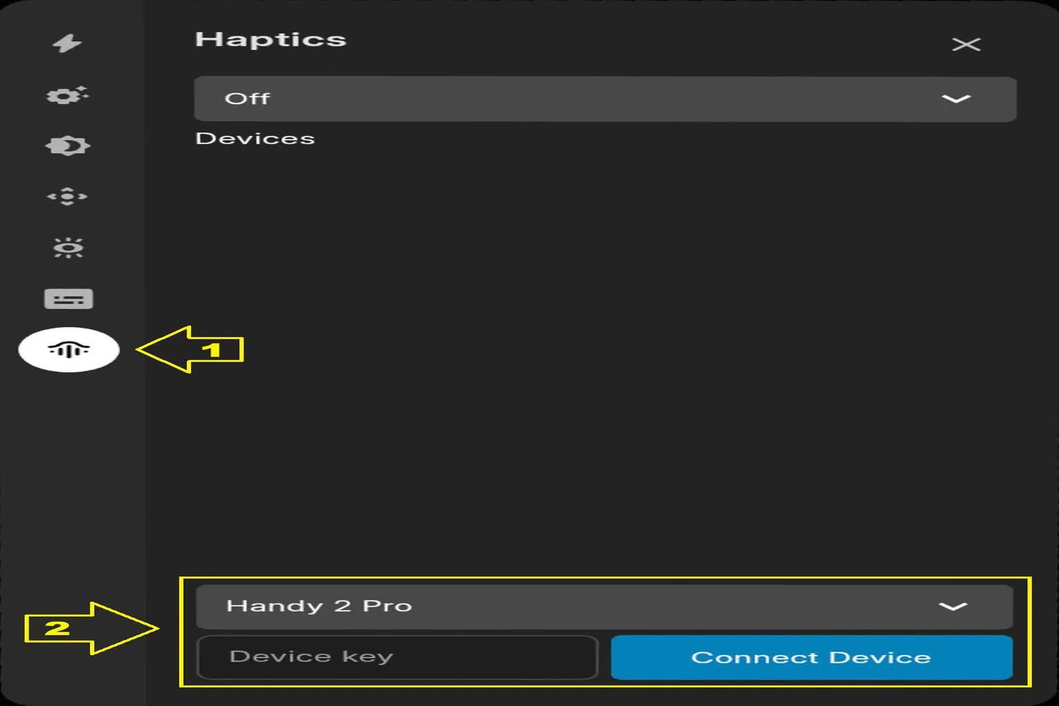 Ajustes hápticos de DeoVR para introducir la clave del dispositivo y conectar The Handy 2 Pro