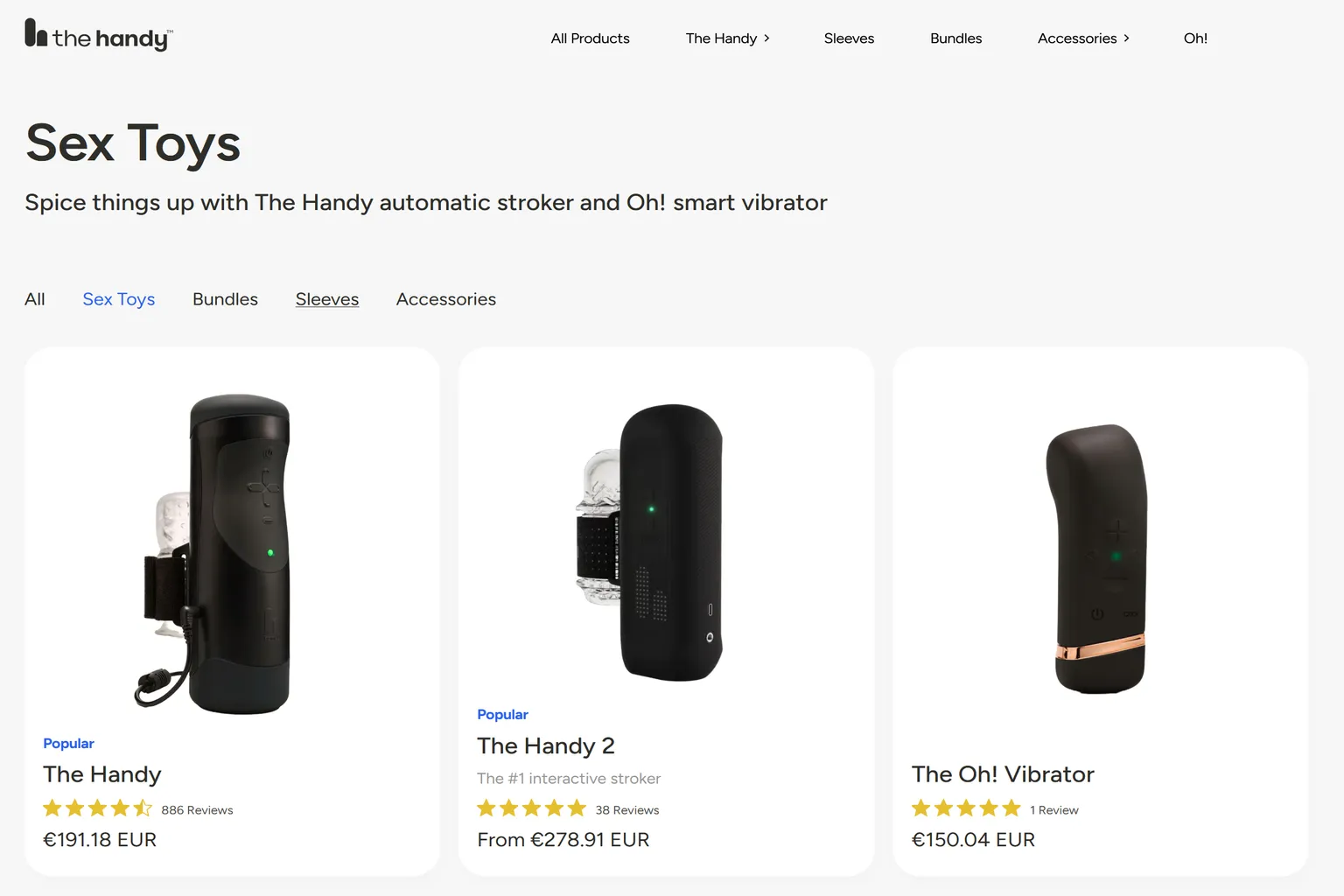 Página de productos para adultos de The Handy con The Handy 1, The Handy 2 y Oh! Vibrator