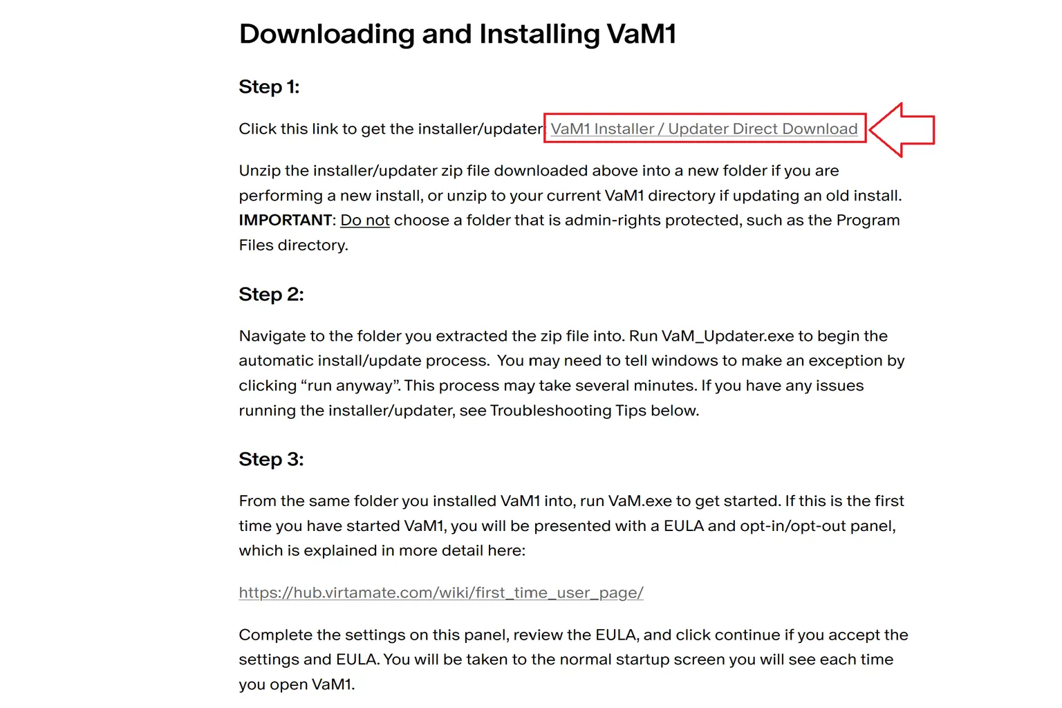 Guía oficial de instalación de VaM1 en Patreon, con el enlace VaM1 Installer / Updater Direct Download señalado.