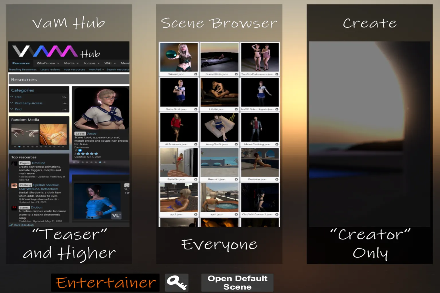 Pantalla de inicio de Virt-A-Mate con las tres secciones VaM Hub, Scene Browser y Create, y el plan Entertainer activado.