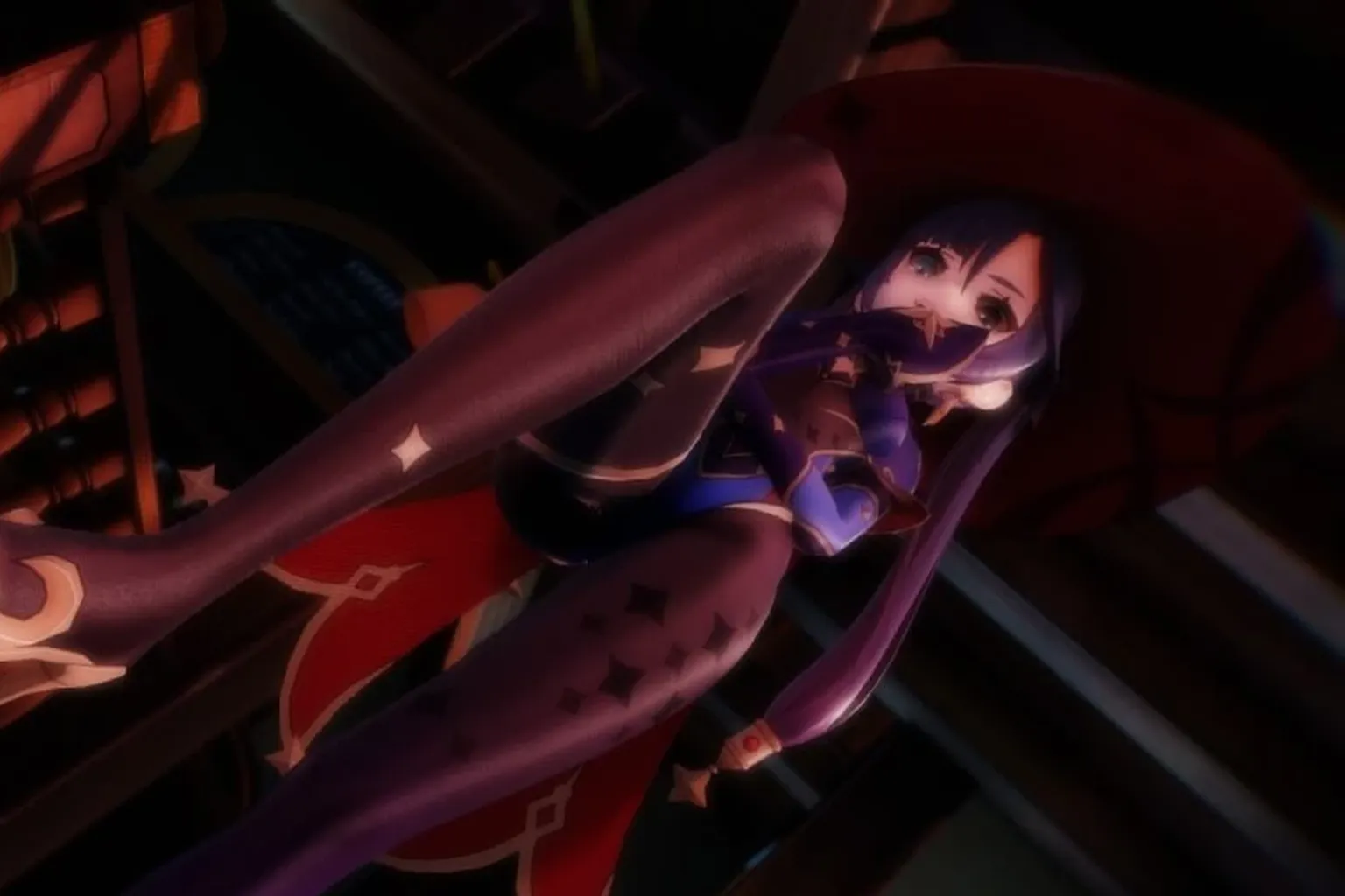 A Koikatu-style VR scene where the character performs on top of a brown sofa. The setup clearly reflects the Koikatu-inspired visual style and character presentation.