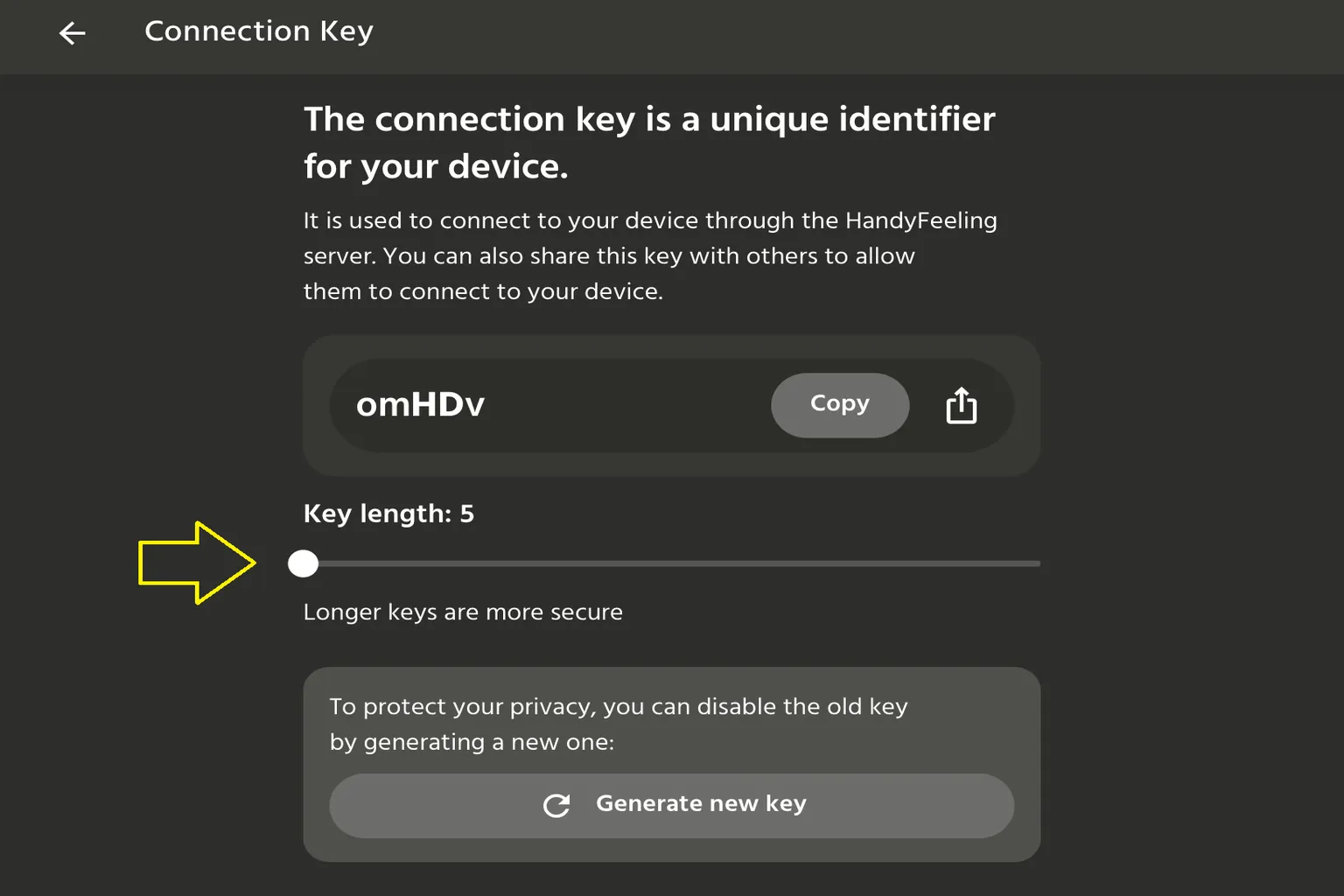 Pantalla para cambiar la longitud de la clave de conexión de The Handy