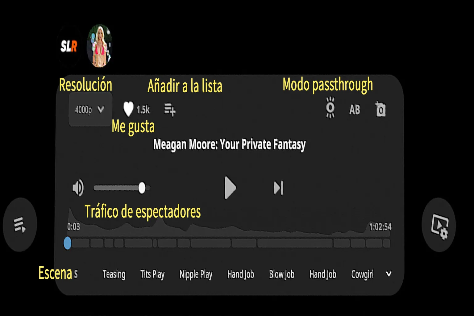 Interfaz del reproductor de SexLikeReal con resolución, favoritos, escenas y modo passthrough