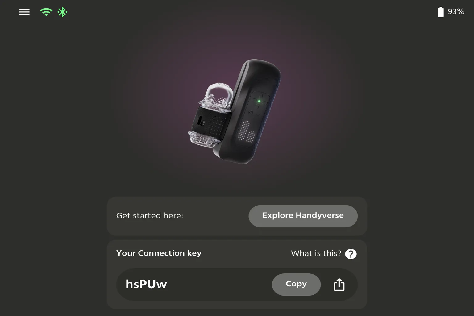 Pantalla principal de The Handy 2 Pro con la clave de conexión actualizada