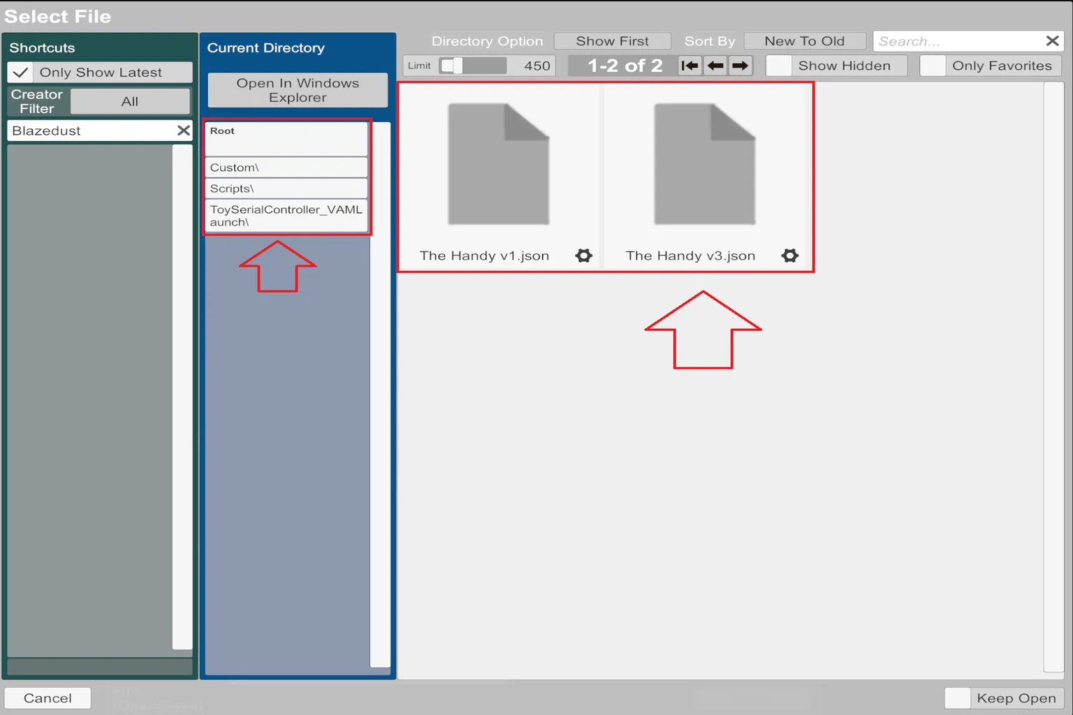 Selector de archivos de VaM mostrando las configuraciones JSON The Handy v1 y The Handy v3.