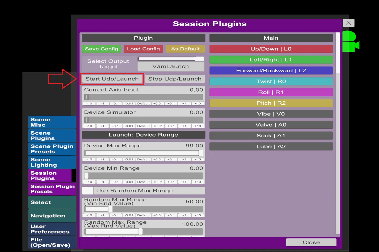 Plugin ToySerialController en VaM con el botón Start Udp/Launch señalado para iniciar la conexión.