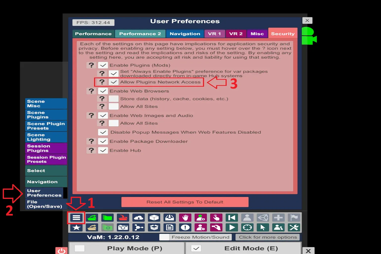Preferencias de seguridad de VaM con la opción Allow Plugins Network Access activada.