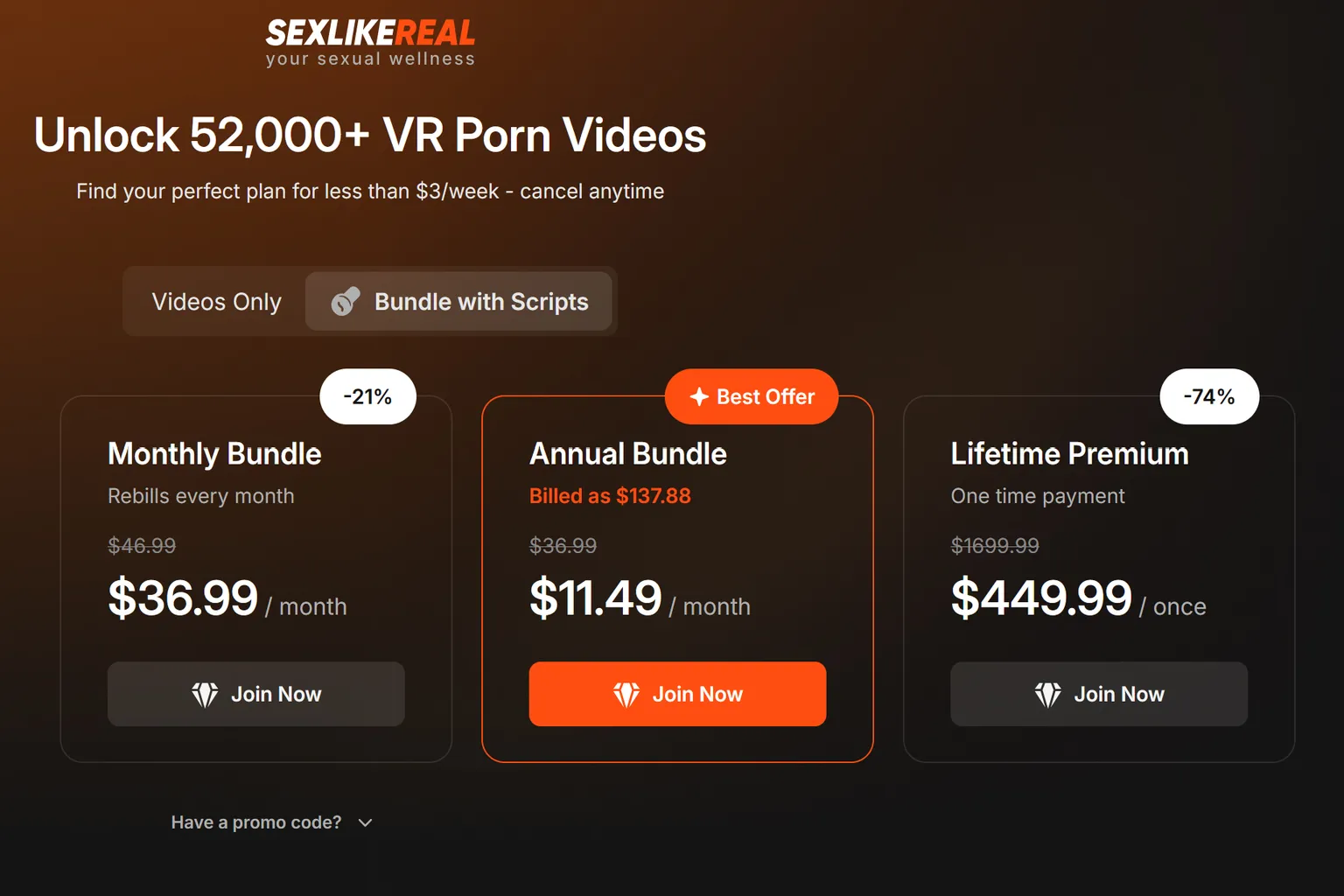 Planes de SexLikeReal con videos y scripts: mensual, anual y de por vida