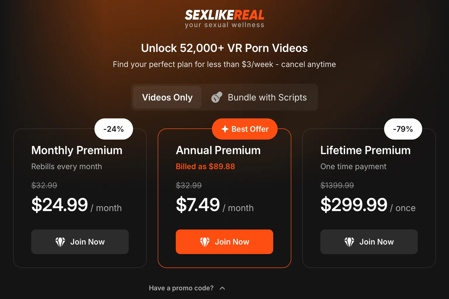 Planes Premium solo con videos de SexLikeReal con el código HANDY aplicado