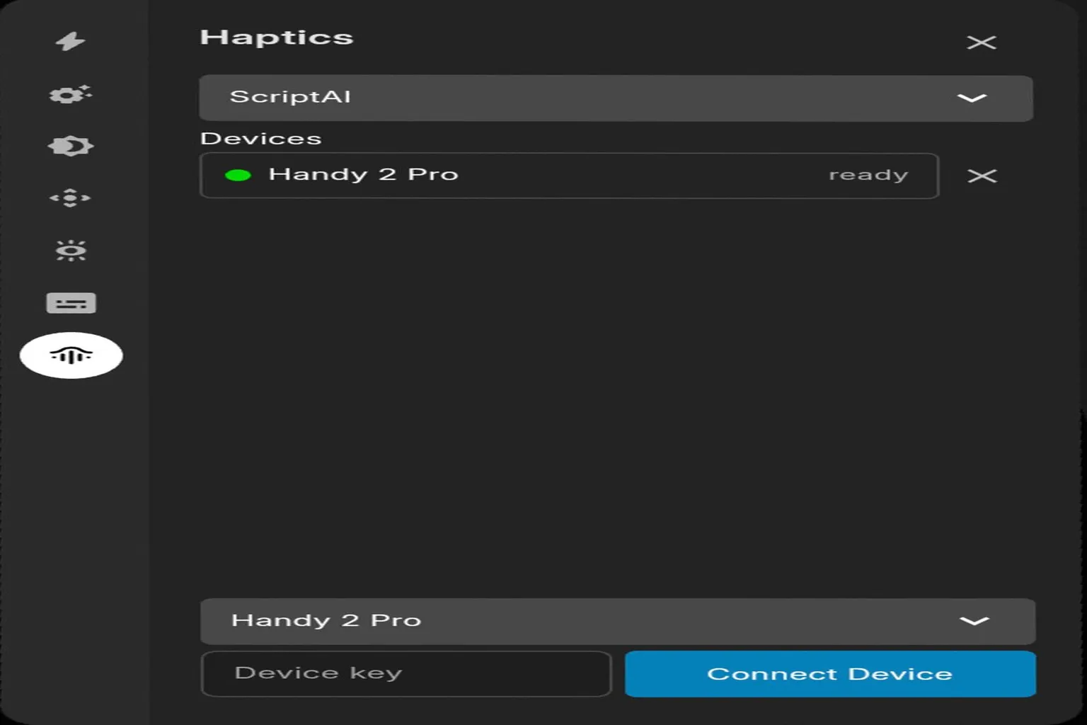 The Handy 2 Pro conectado y listo en los ajustes hápticos de DeoVR
