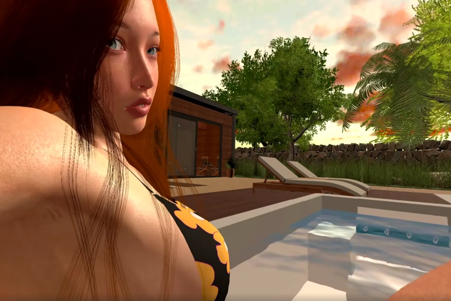 Una escena que muestra a un personaje femenino virtual pelirrojo relajándose junto a una piscina. Al fondo aparecen edificios de madera y tumbonas, con una cálida iluminación de atardecer que permite apreciar con claridad tanto los detalles del personaje como la tranquila atmósfera exterior.