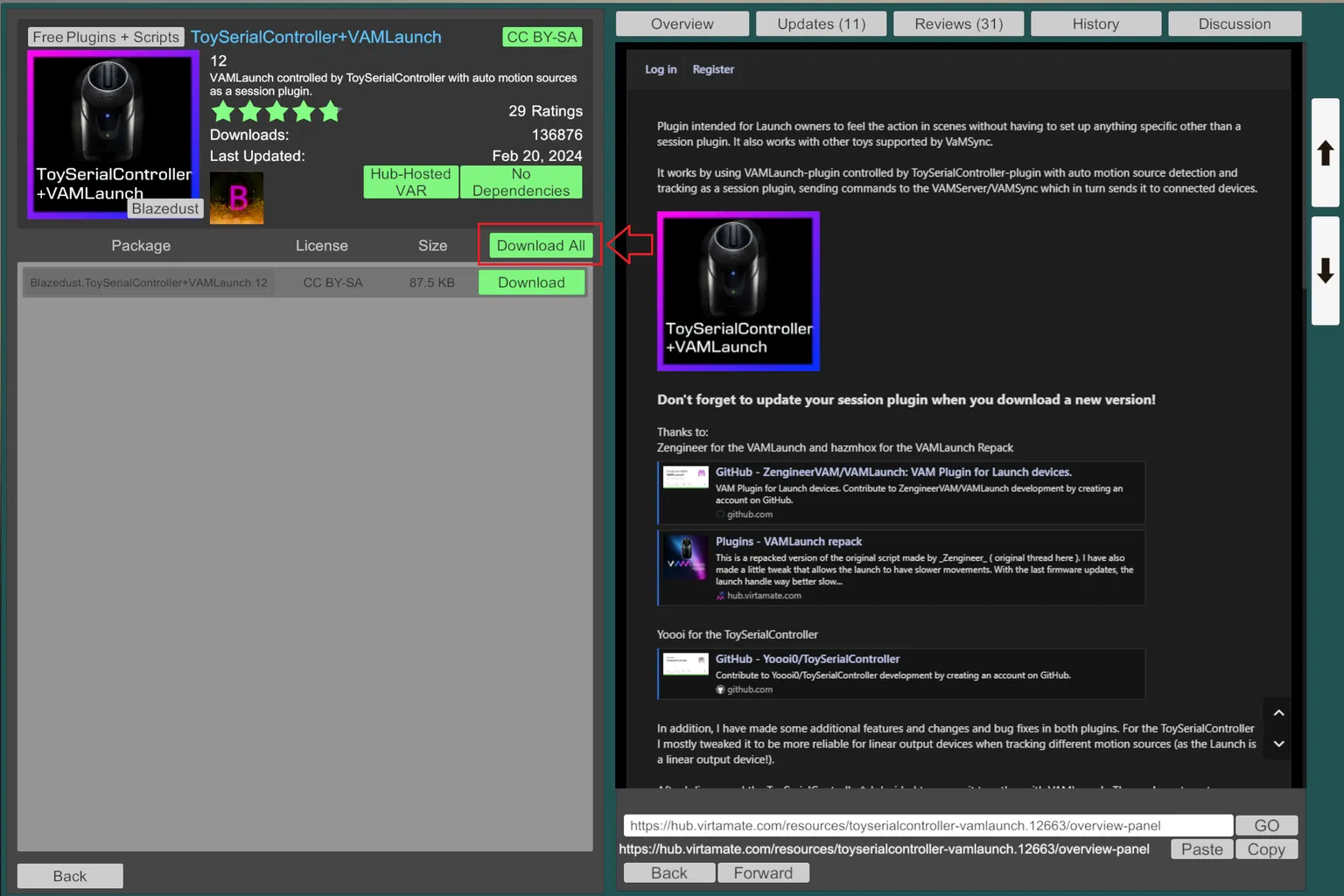 Plugin ToySerialController+VAMLaunch seleccionado en VaM Hub para su instalación.