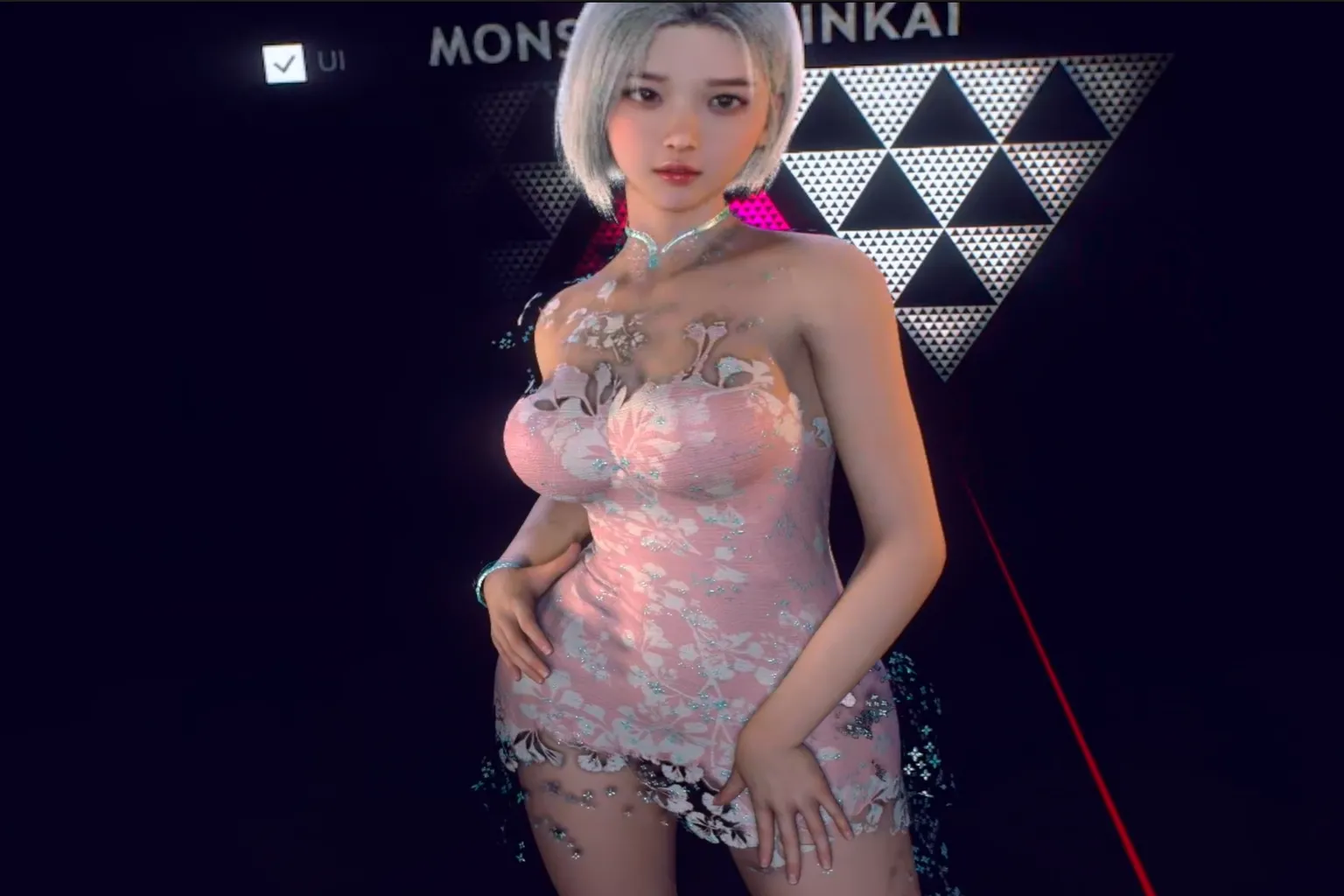 Personaje femenino de estilo coreano con un cheongsam rosa de estampado floral, de pie en el centro del escenario sobre un fondo limpio y sin elementos visibles de la interfaz.